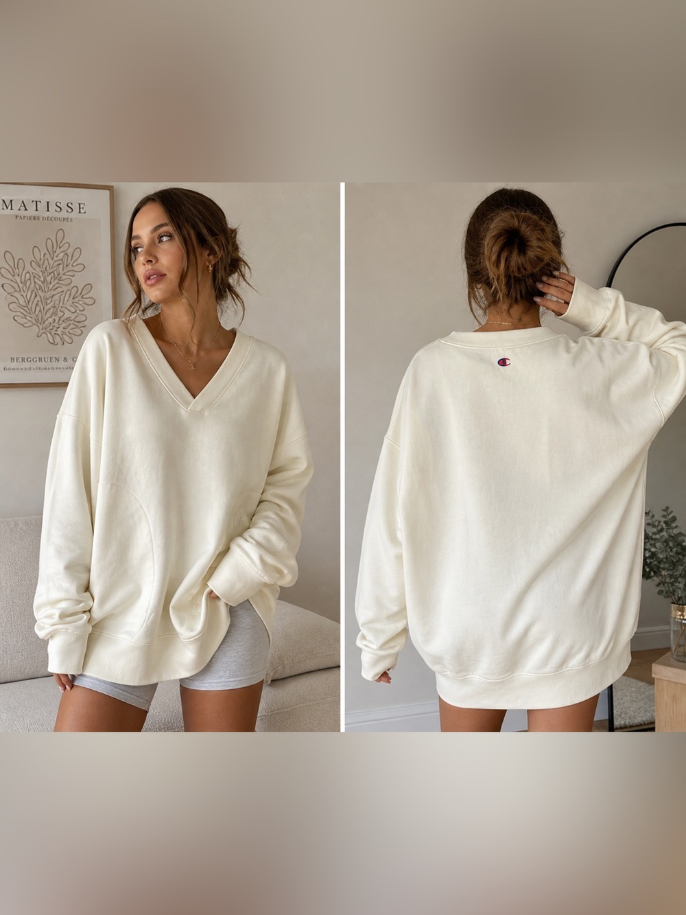 Champion Cream Oversized V-Neck Sweatshirt
